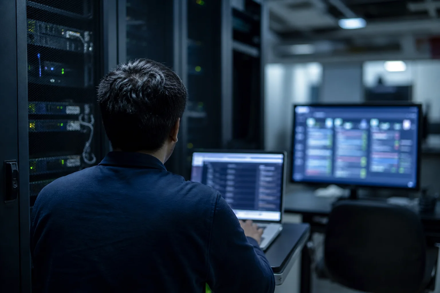 AI-generated image of an administrator monitoring containerized systems beside a server rack.