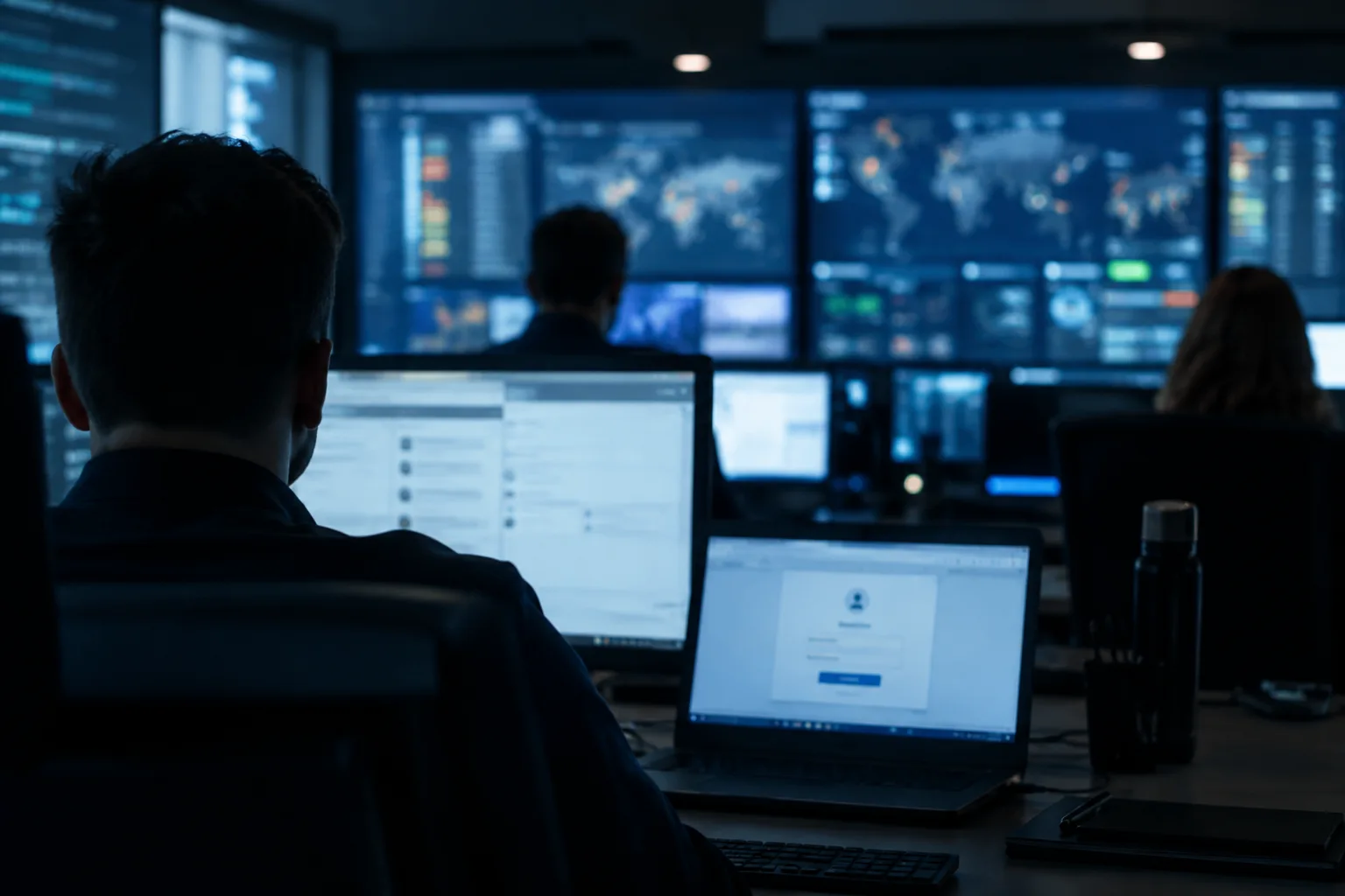 AI-generated image of security analysts monitoring blurred document-management systems in a dark operations centre.