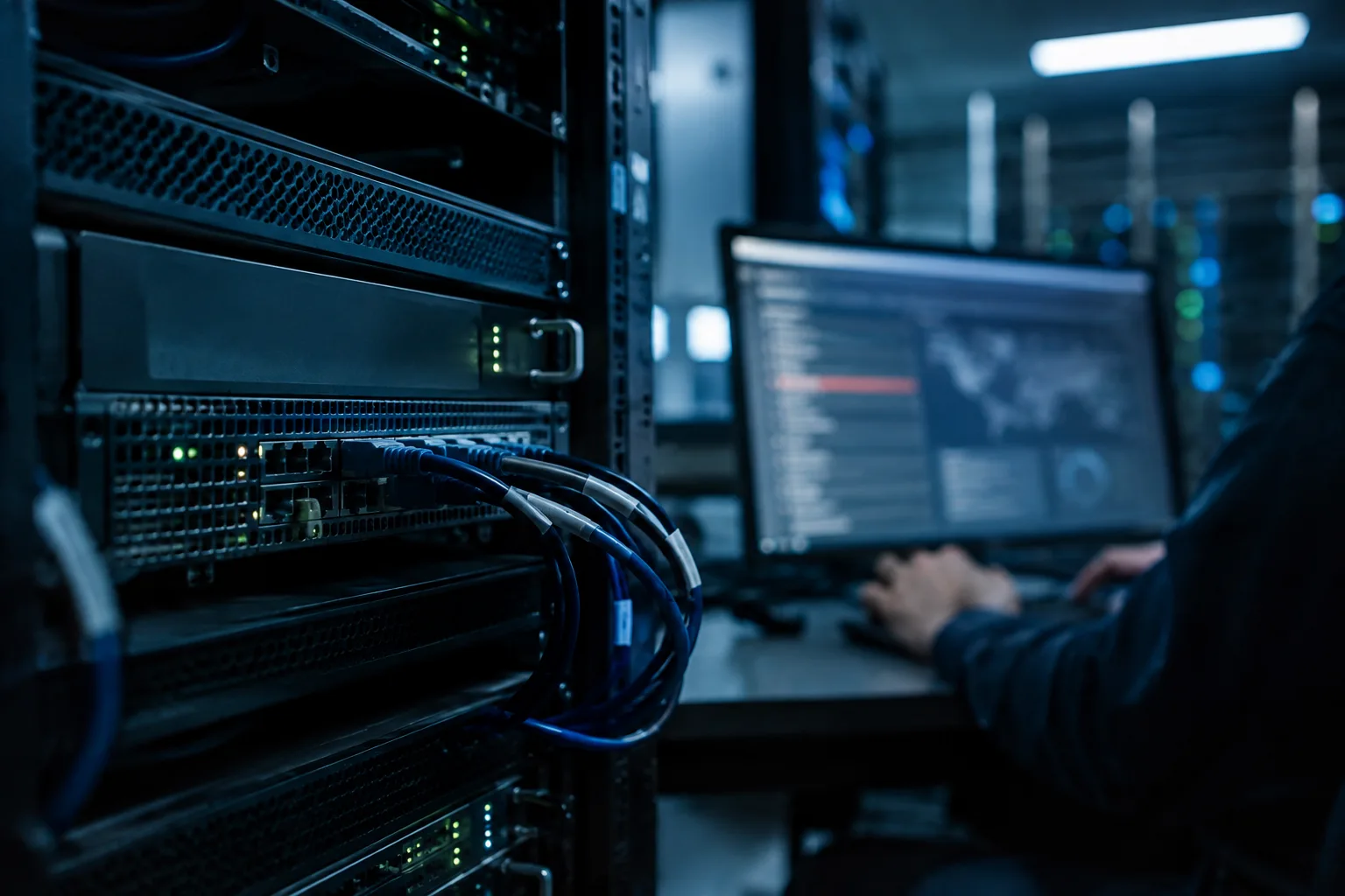 AI-generated image of hands examining a network appliance and a blurred cybersecurity incident dashboard in a server room.