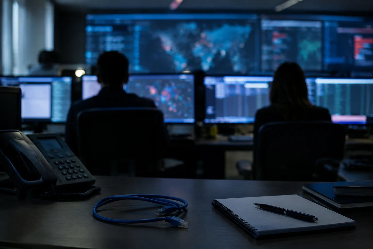 AI-generated image of security analysts reviewing a cyberattack investigation in a dim operations centre.