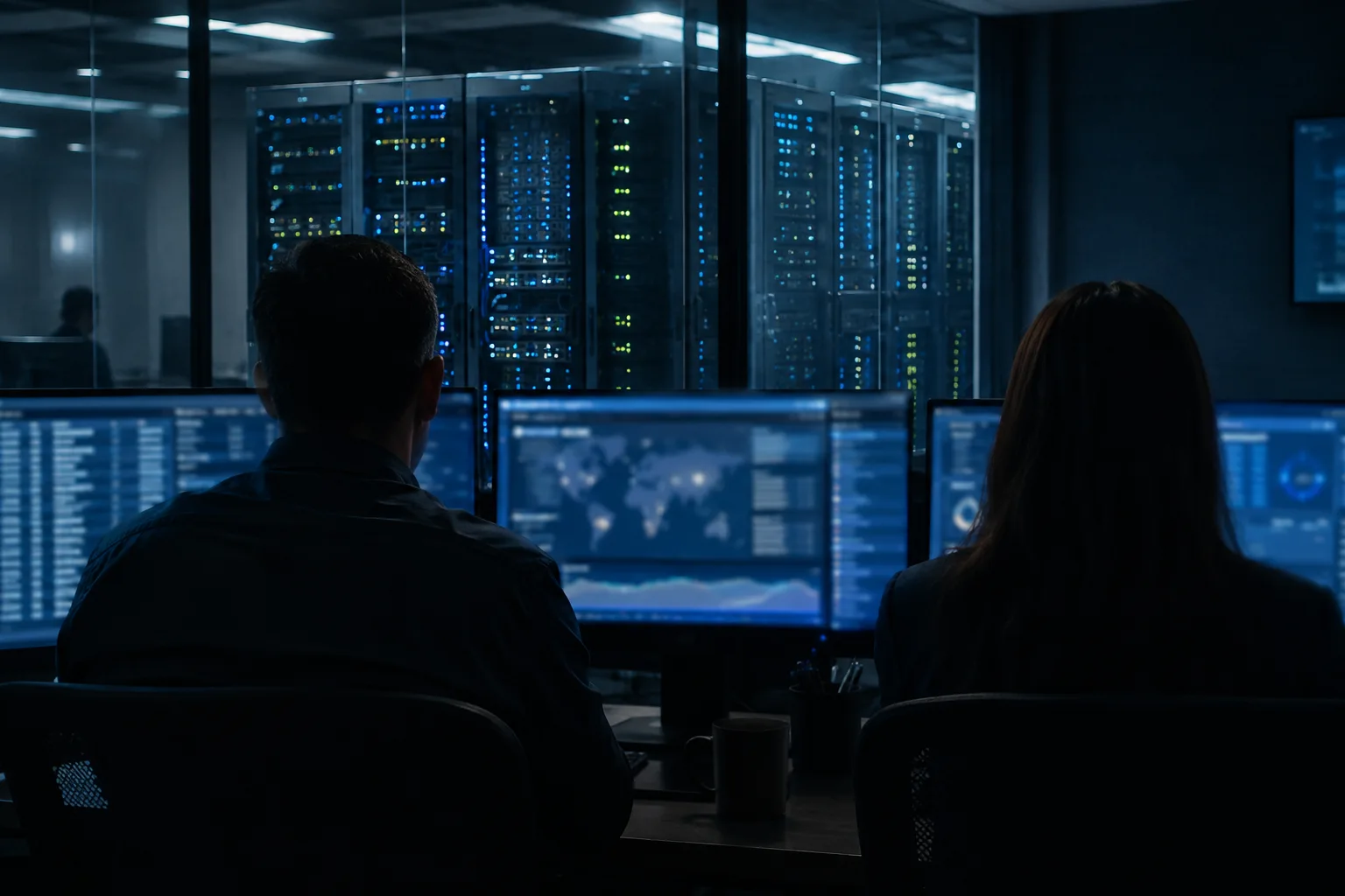 AI-generated image of security analysts monitoring a mail server environment in a dim operations centre.