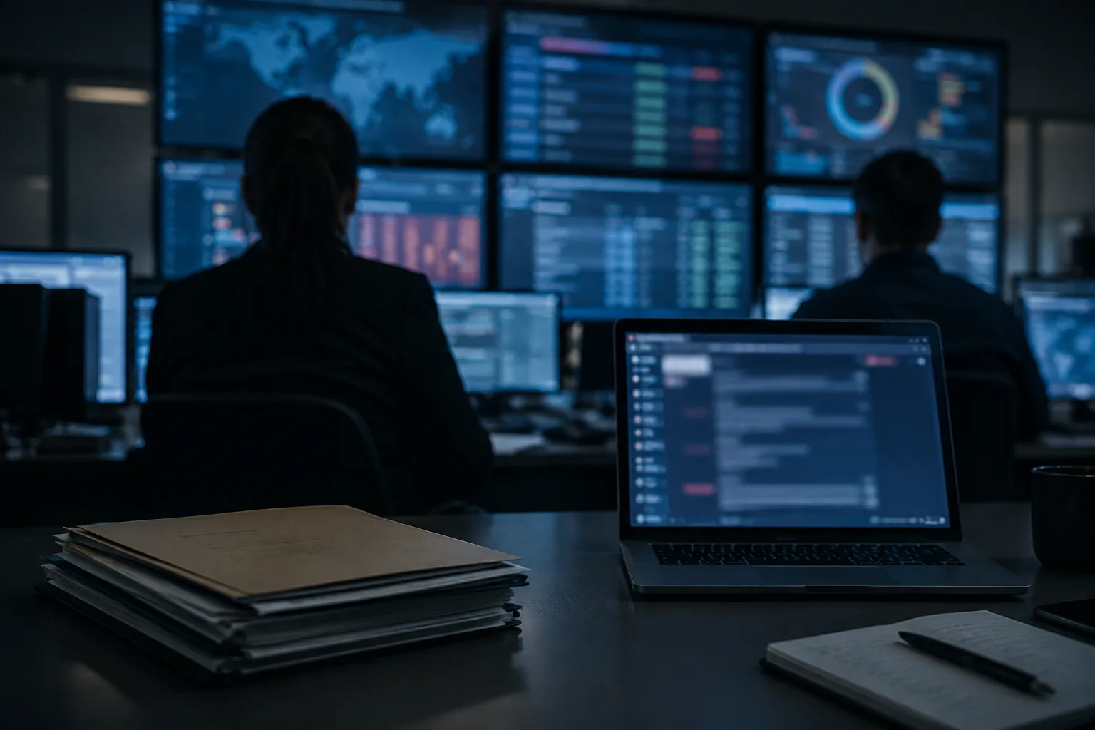 AI-generated image of cybersecurity analysts reviewing a suspected extortion case in an operations room.