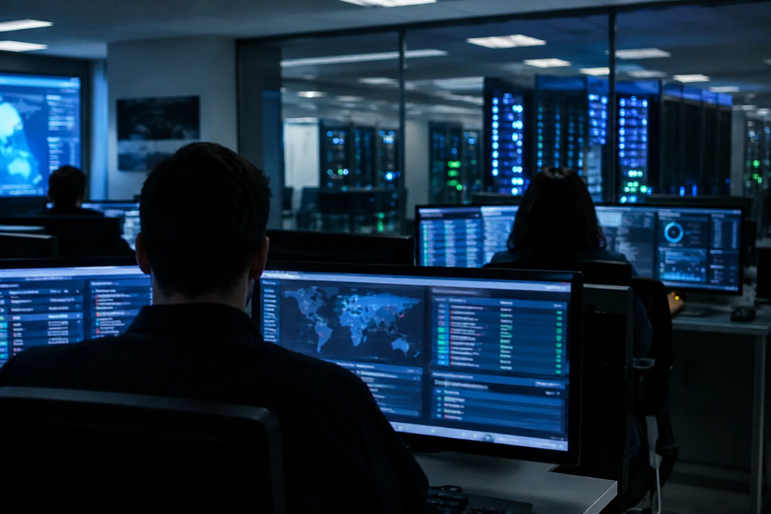 AI-generated image of security analysts monitoring cache servers and security dashboards.