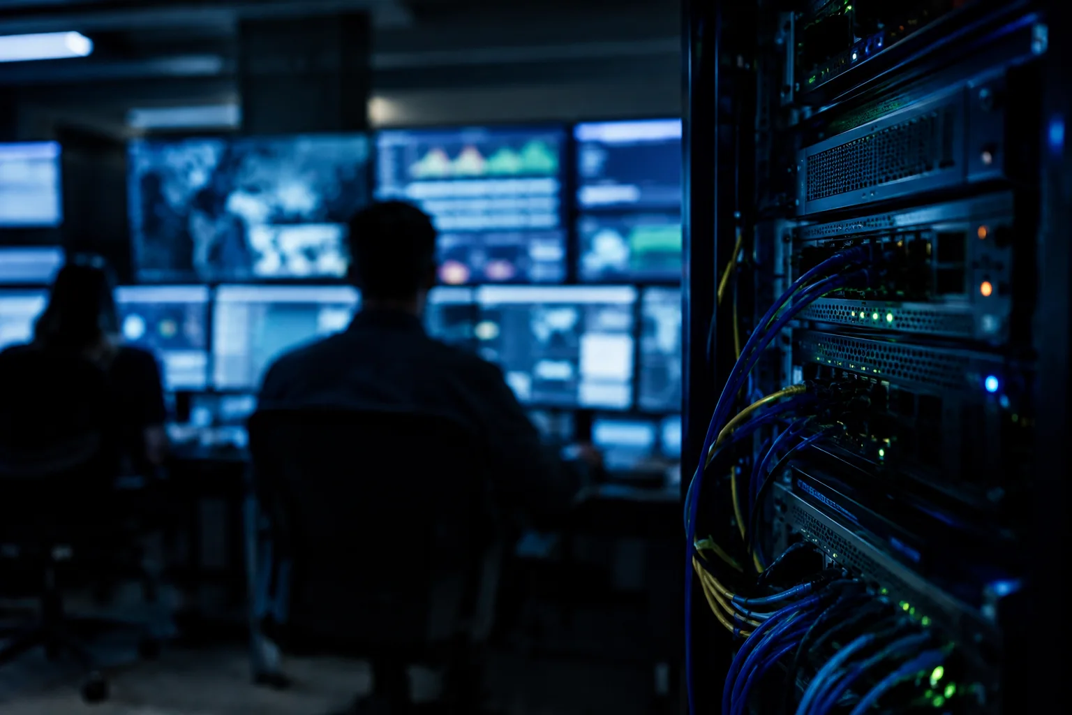 AI-generated image of security analysts monitoring servers and blurred cybersecurity dashboards in a dim operations centre.