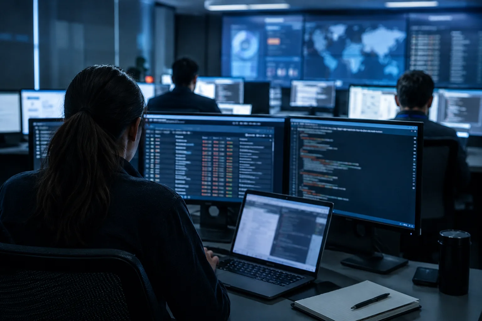 AI-generated image of security analysts reviewing blurred vulnerability reports and code on workstation monitors.