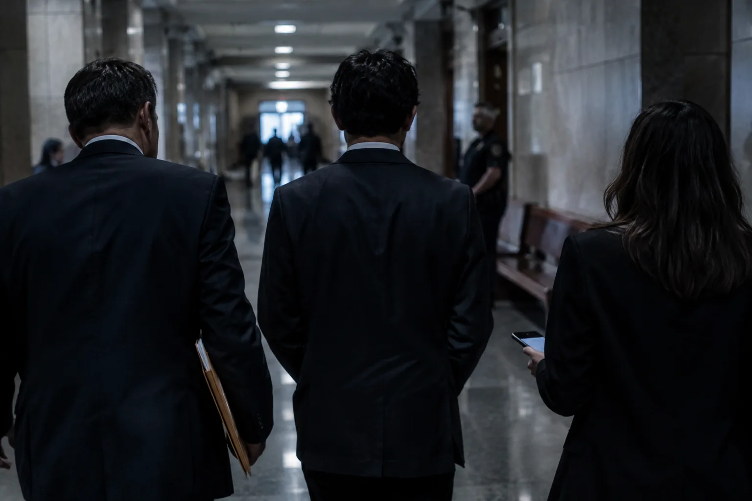 AI-generated image of a defendant and attorneys outside a federal courthouse with an unbranded phone and legal folder.