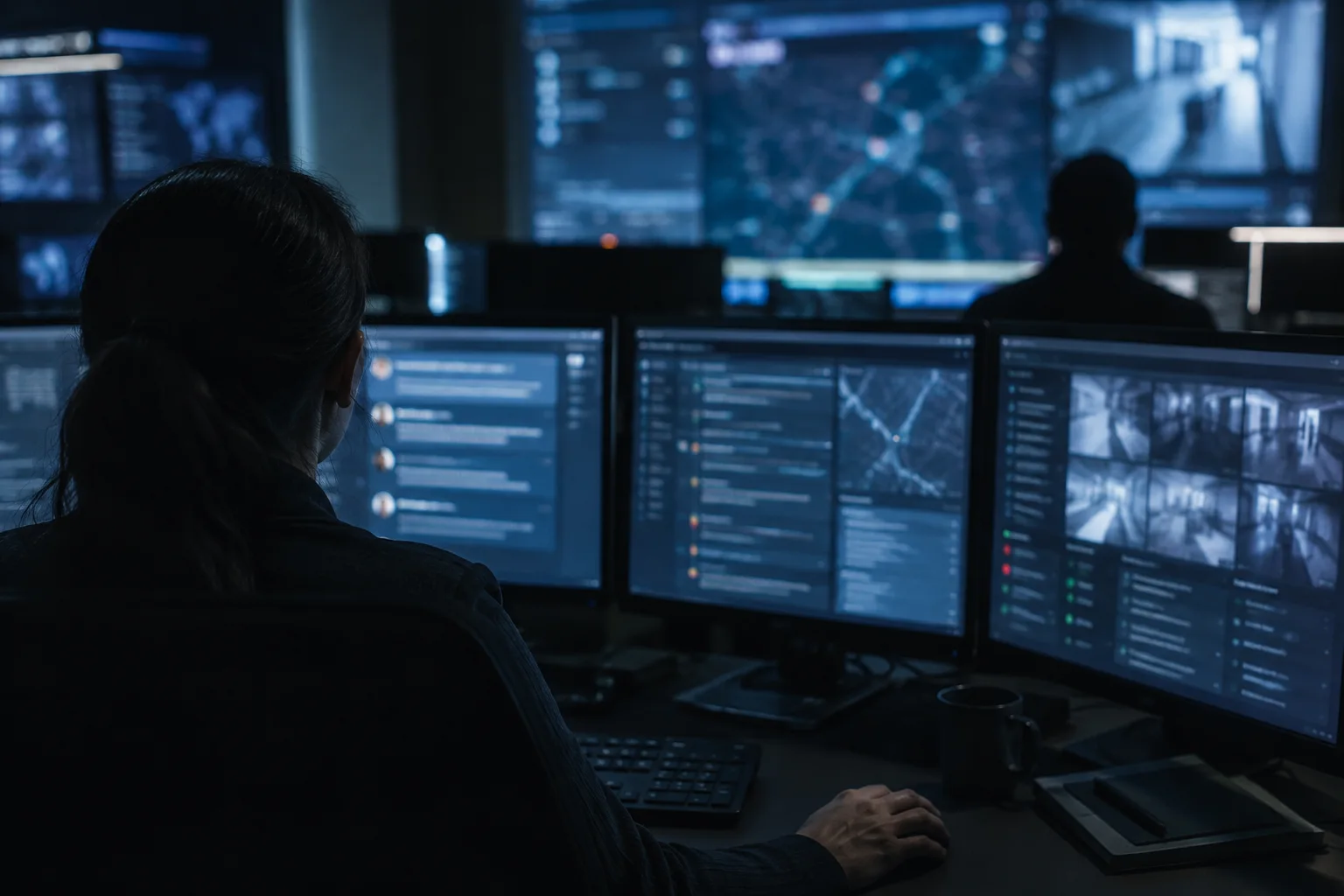 AI-generated image of security analysts reviewing blurred chat archives and physical intrusion alerts in a dim operations centre.