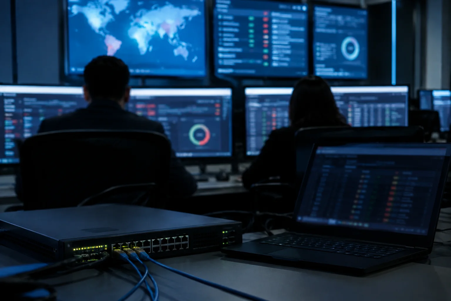 AI-generated image of security analysts reviewing vulnerability dashboards beside network equipment in a dim operations centre.
