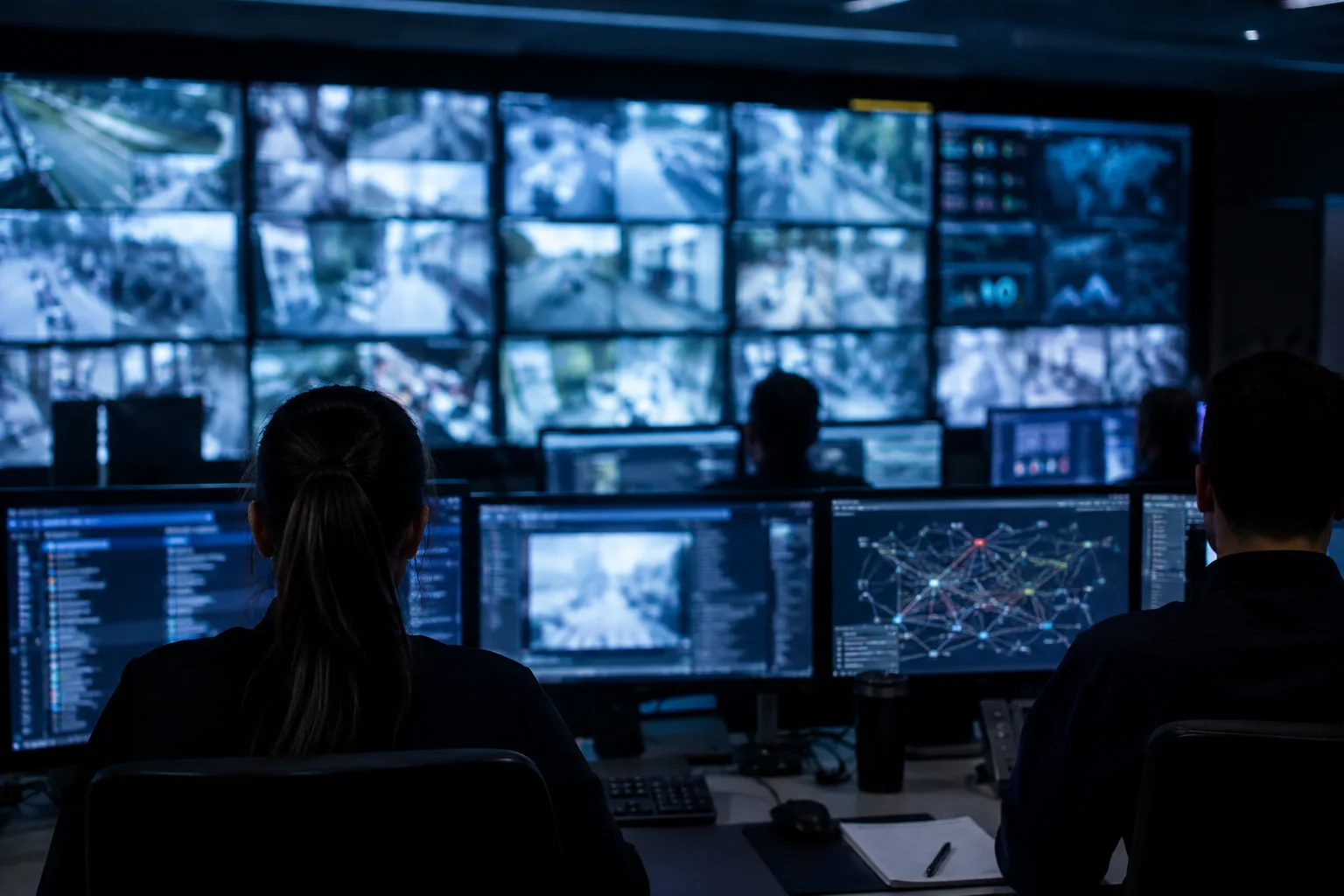AI-generated image of analysts monitoring surveillance-camera feeds and cybersecurity alerts in a dim operations centre.