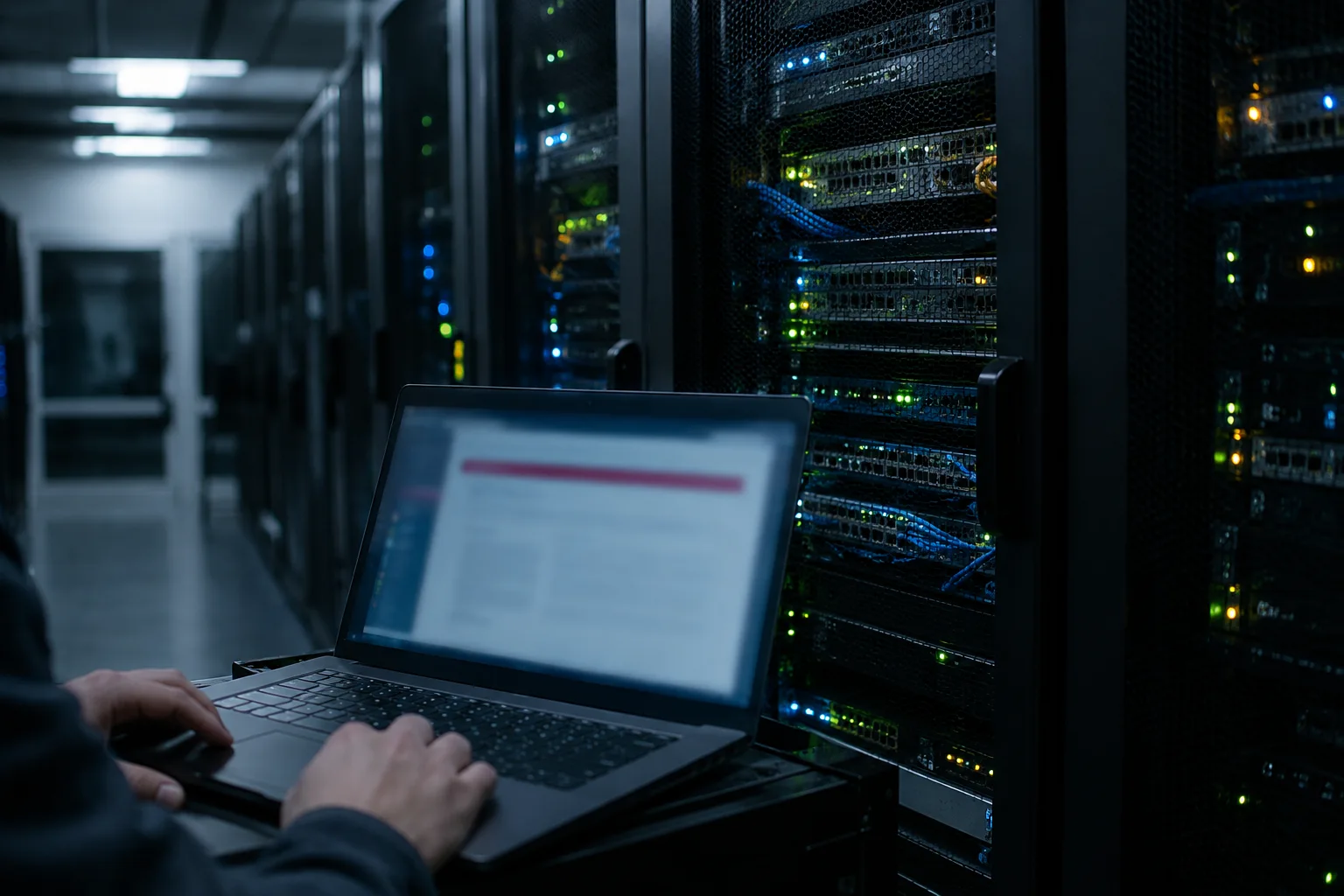 AI-generated image of hands beside a laptop in a server room filled with network switches.