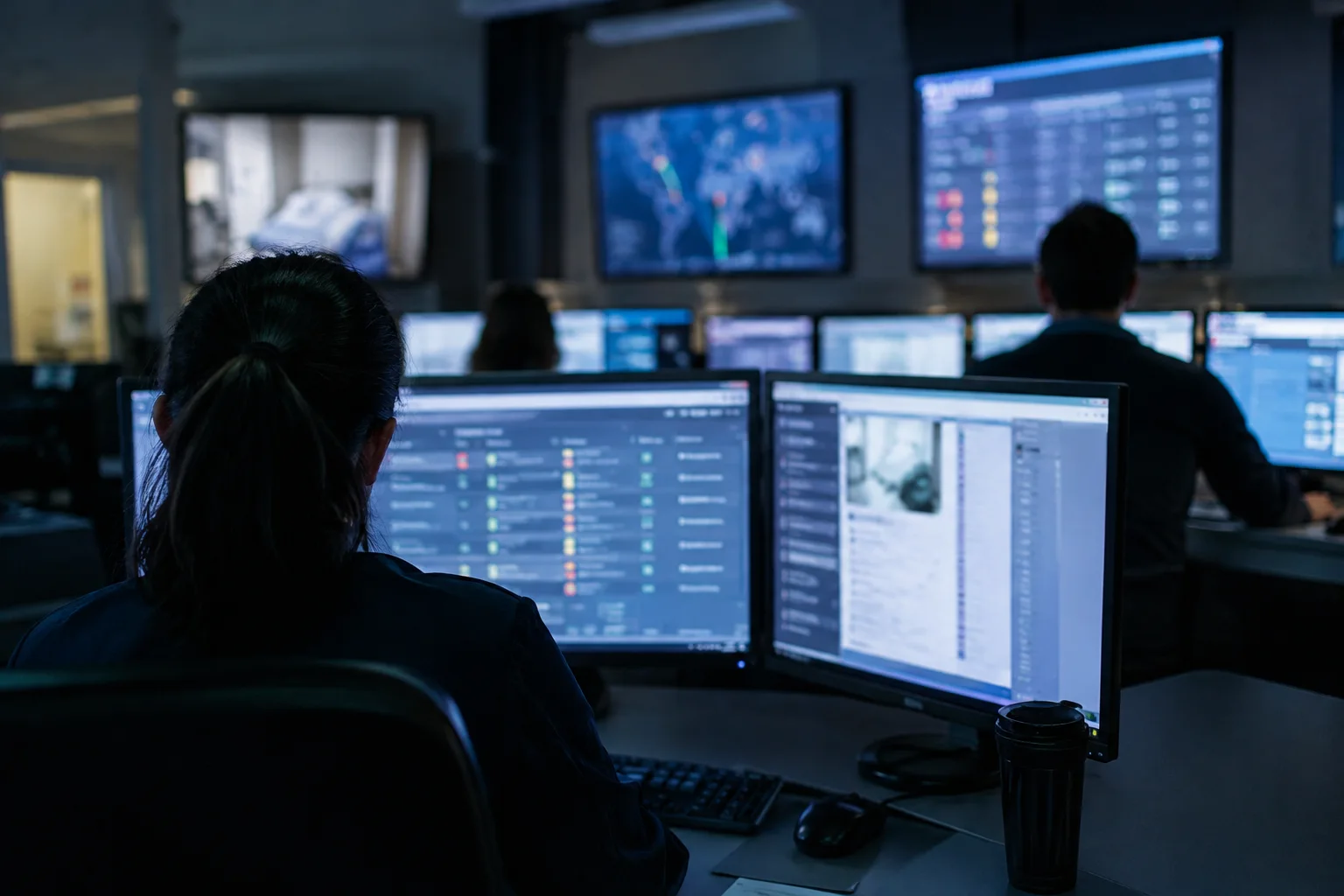 AI-generated image of security analysts reviewing blurred healthcare system screens in a monitoring centre.