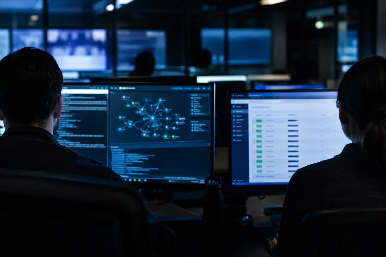 AI-generated image of security analysts examining a sandboxed development environment and redacted credentials on monitors.
