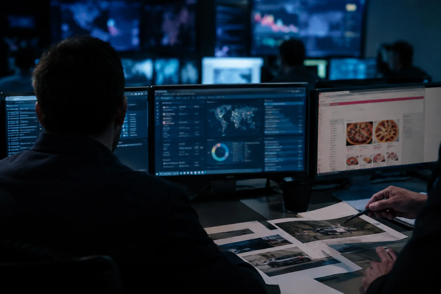 AI-generated image of analysts reviewing a cyberattack investigation in a security operations centre.