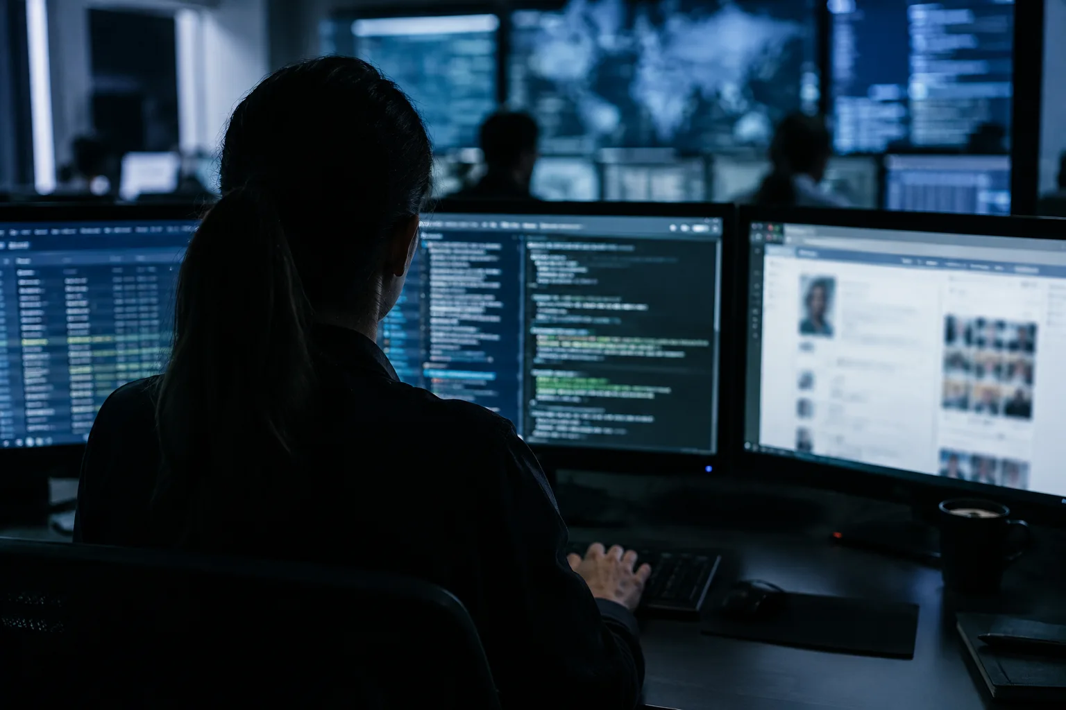 AI-generated image of a security analyst reviewing blurred access logs and public-profile pages on multiple monitors.