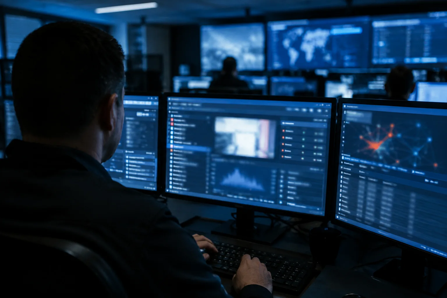 AI-generated image of a security analyst reviewing blurred sandbox results and suspicious files on multiple monitors.