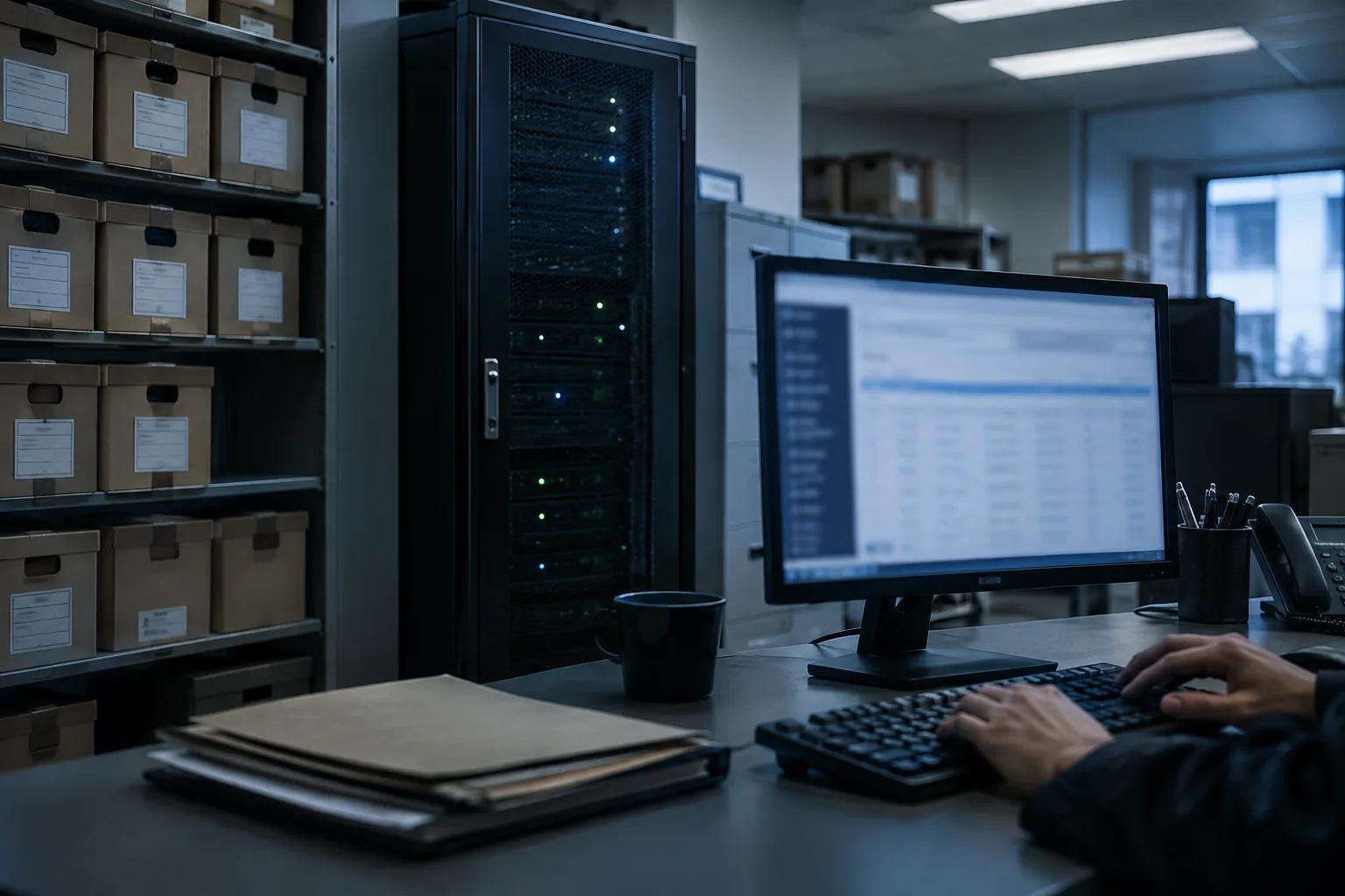 AI-generated image of archival records and a workstation in a government office during a cyber incident review.