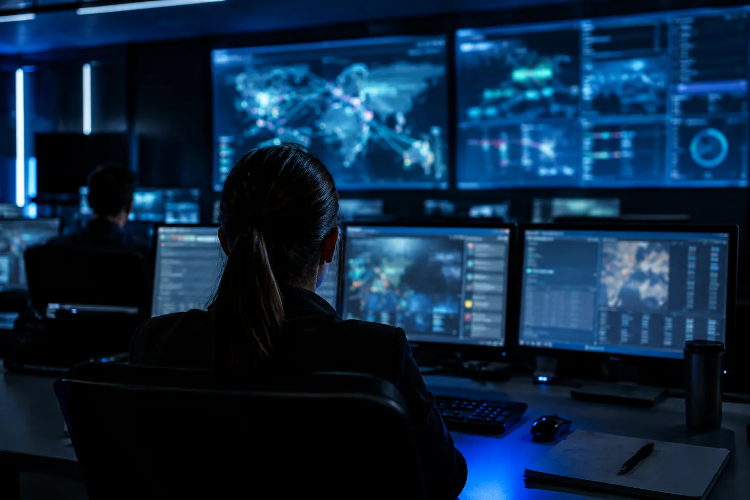 AI-generated image of security analysts reviewing blurred cyber incident dashboards in a dim operations centre.