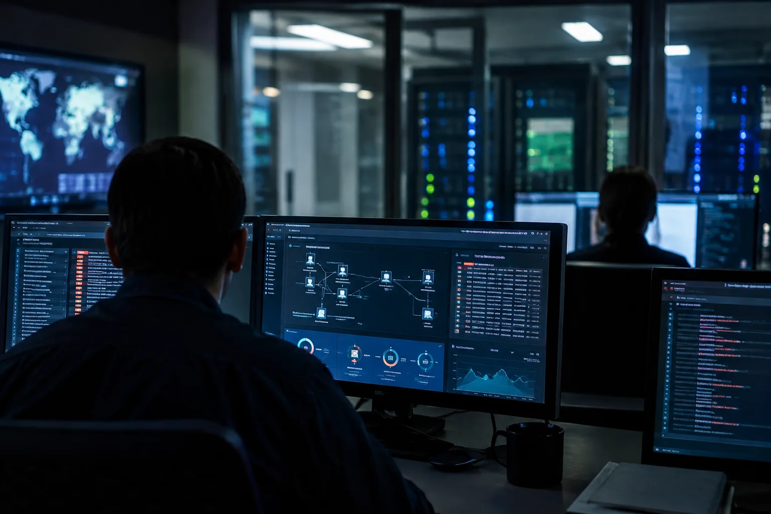 AI-generated image of security analysts investigating a virtual server breach in a monitoring centre.