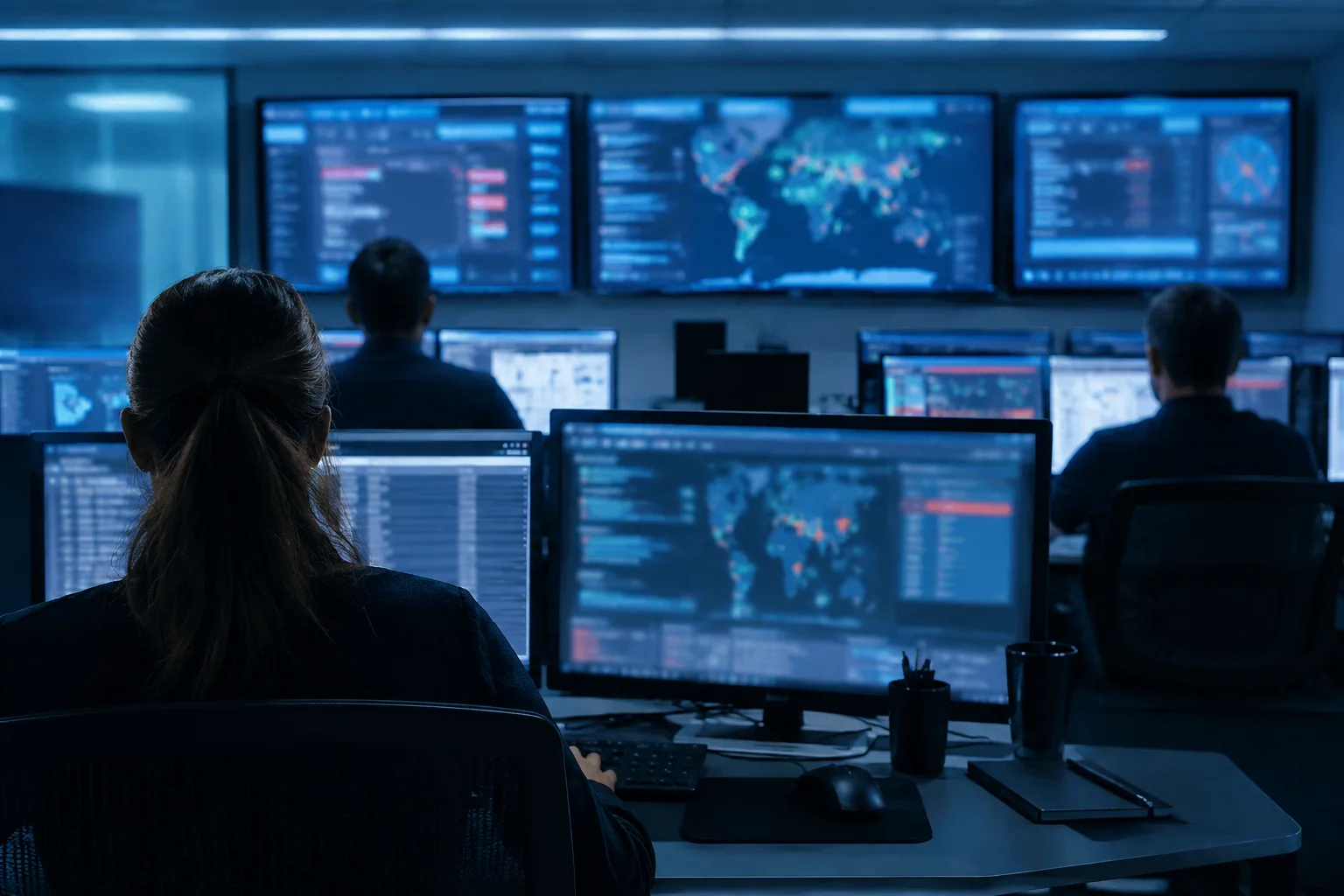 AI-generated image of analysts reviewing blurred ransomware incident dashboards in a cybersecurity operations centre.