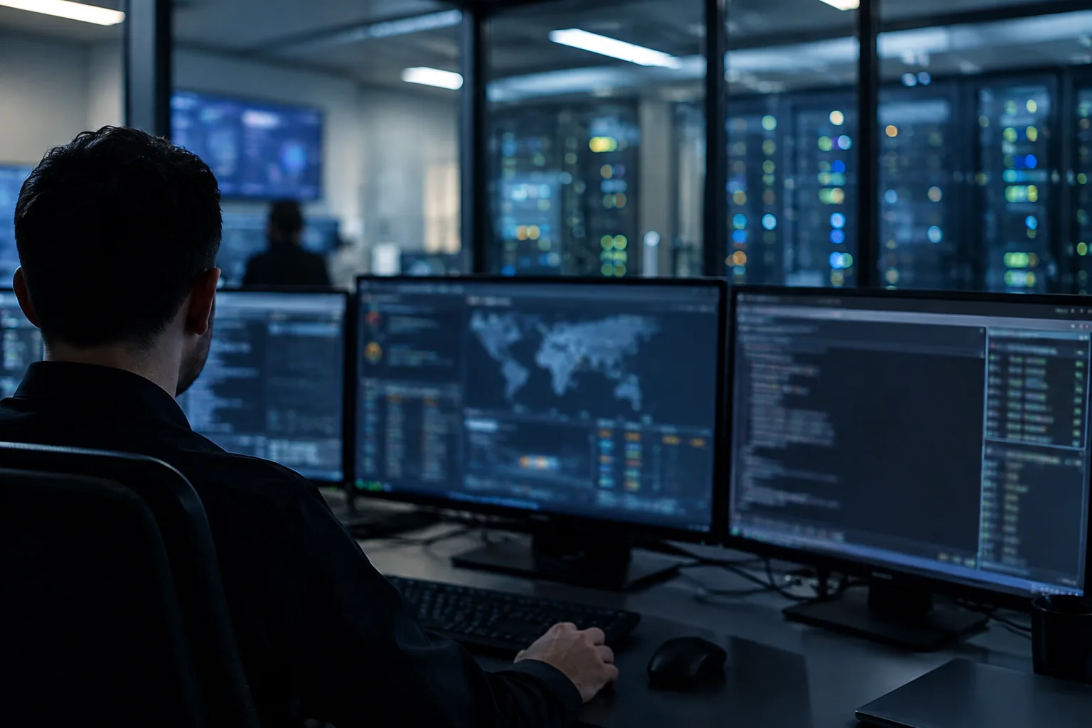 AI-generated image of a security analyst reviewing blurred cybersecurity dashboards in a monitoring centre.