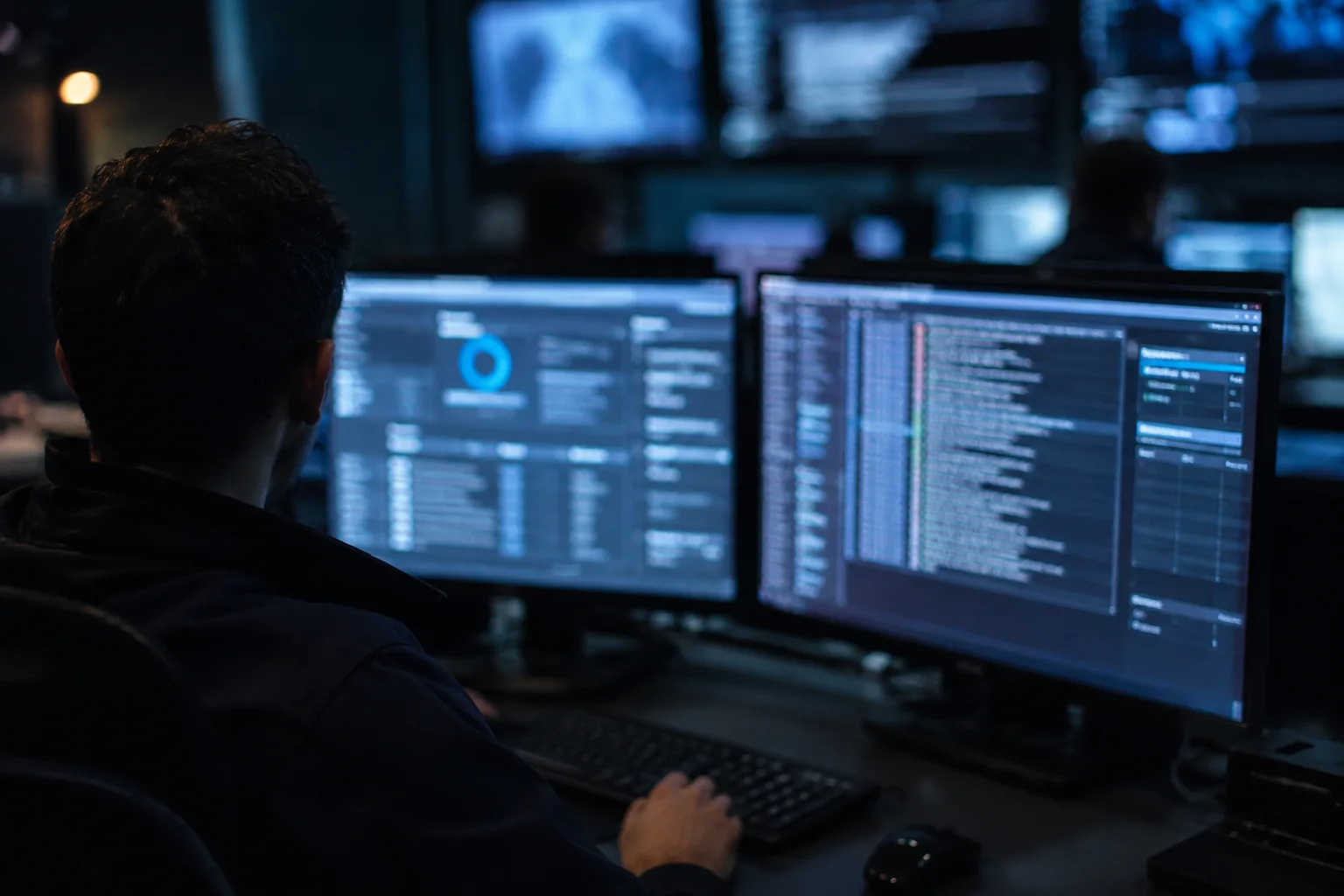 AI-generated image of a security analyst reviewing blurred server logs and software update screens in a dark operations centre.