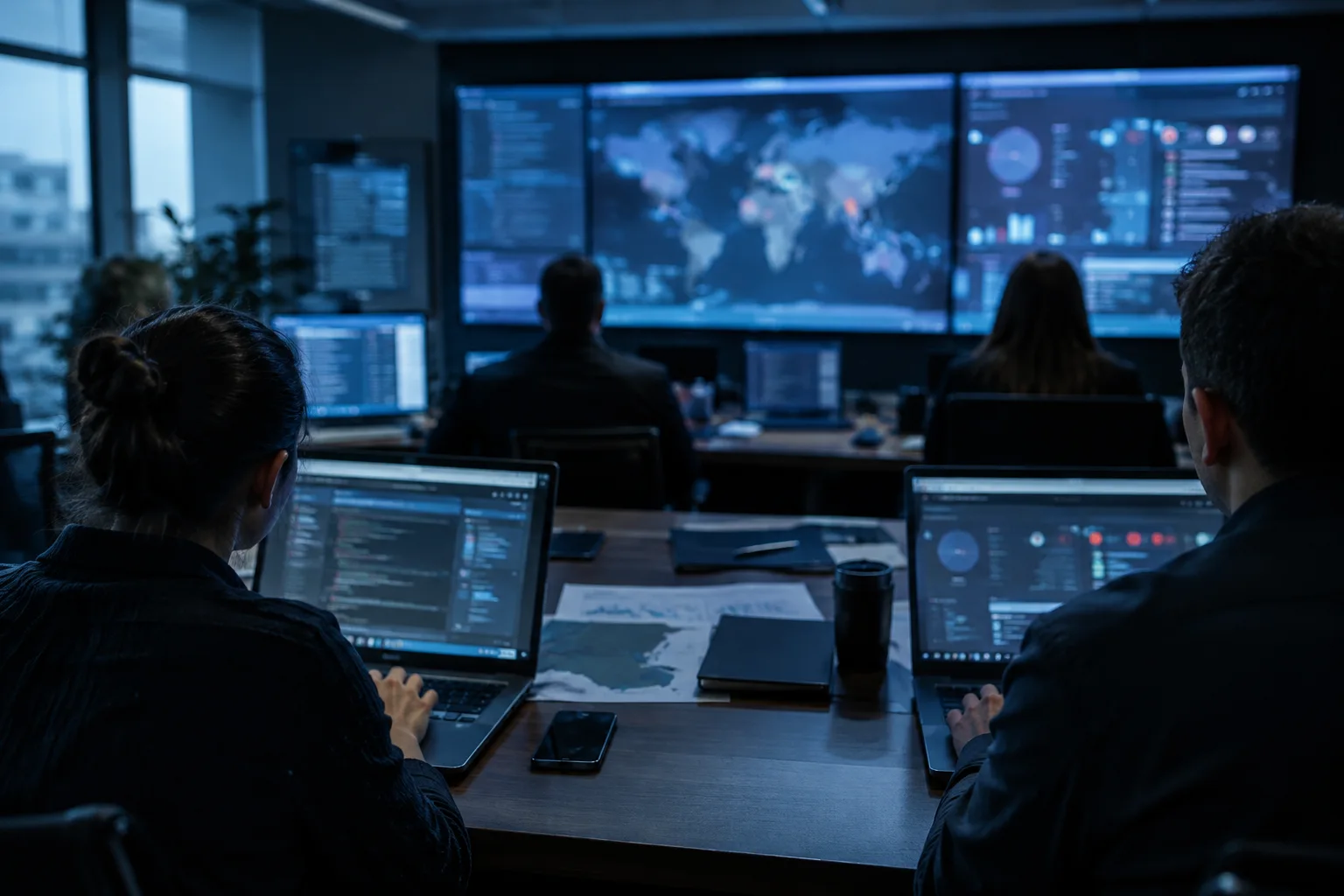 AI-generated image of security researchers coordinating around laptops in an operations centre.