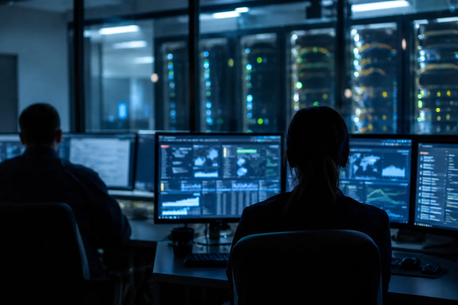 AI-generated image of security analysts monitoring web servers in a dim operations centre.