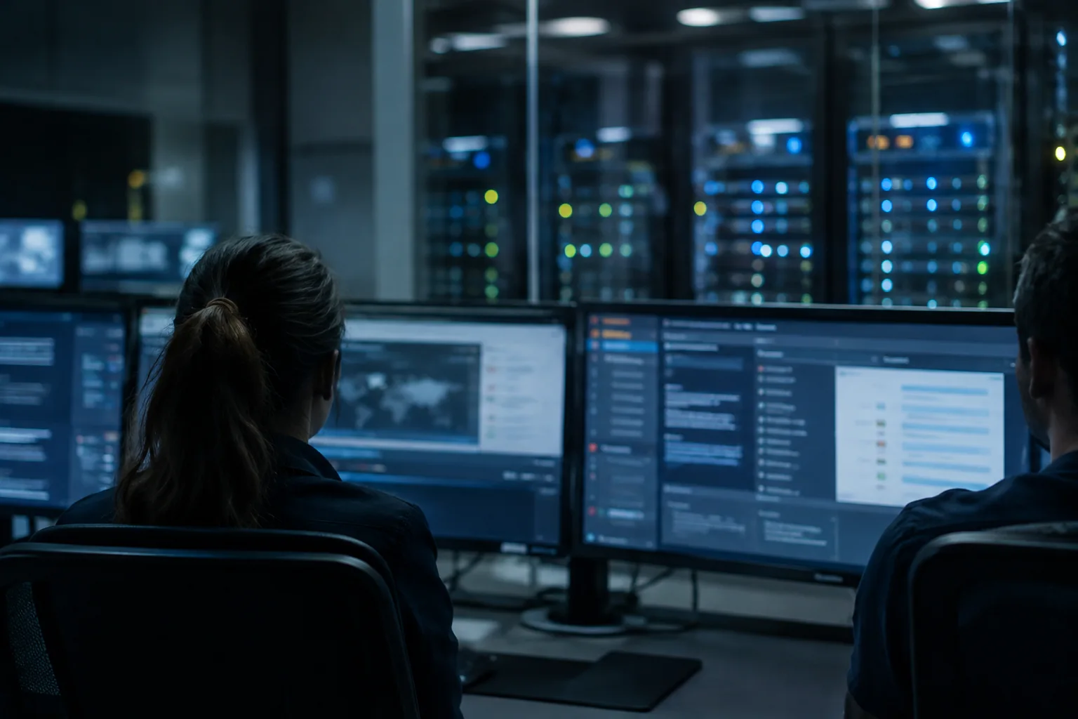 AI-generated image of security analysts monitoring web servers and vulnerability alerts in a dim operations centre.