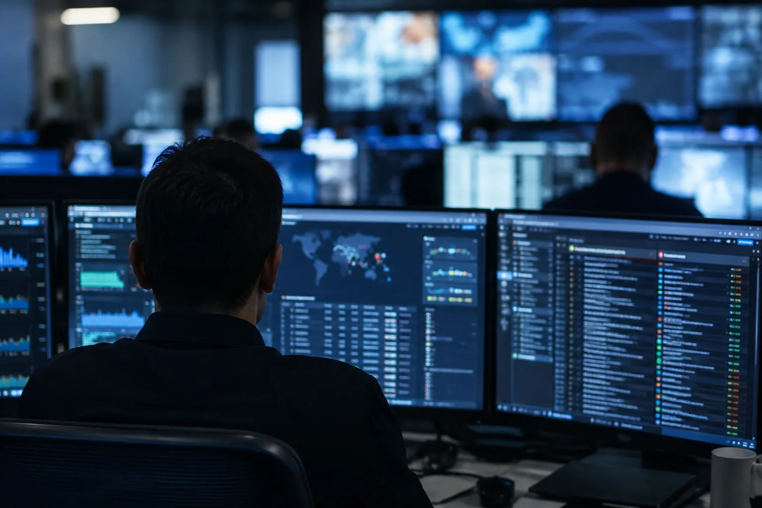 AI-generated image of security analysts reviewing incident dashboards and evaluation logs in a monitoring centre.