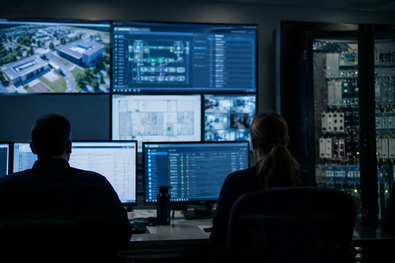 AI-generated image of engineers monitoring building-control systems and industrial equipment in a security operations centre.