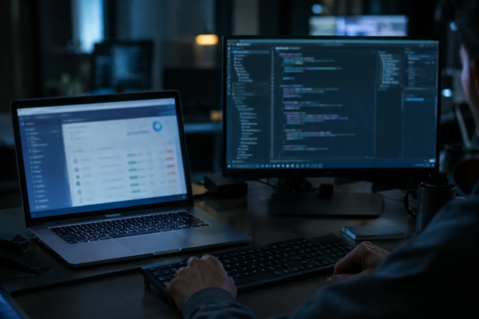 AI-generated image of a security analyst reviewing blurred software updates and code on office monitors.