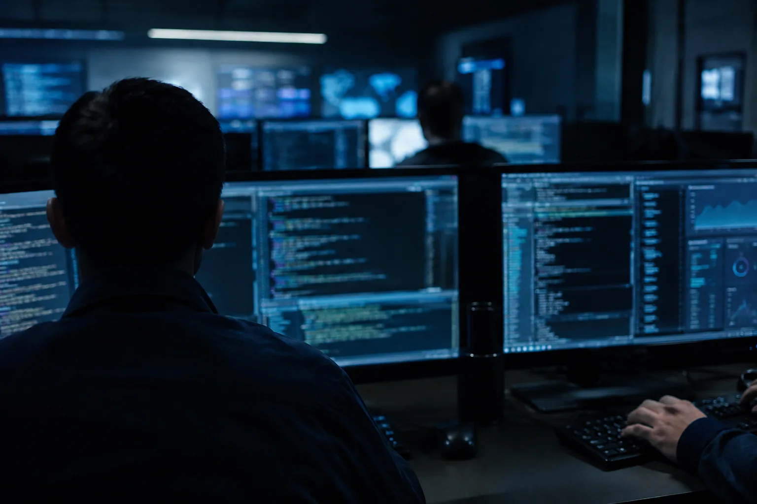 AI-generated image of a security analyst reviewing blurred terminal windows in a dim operations centre.