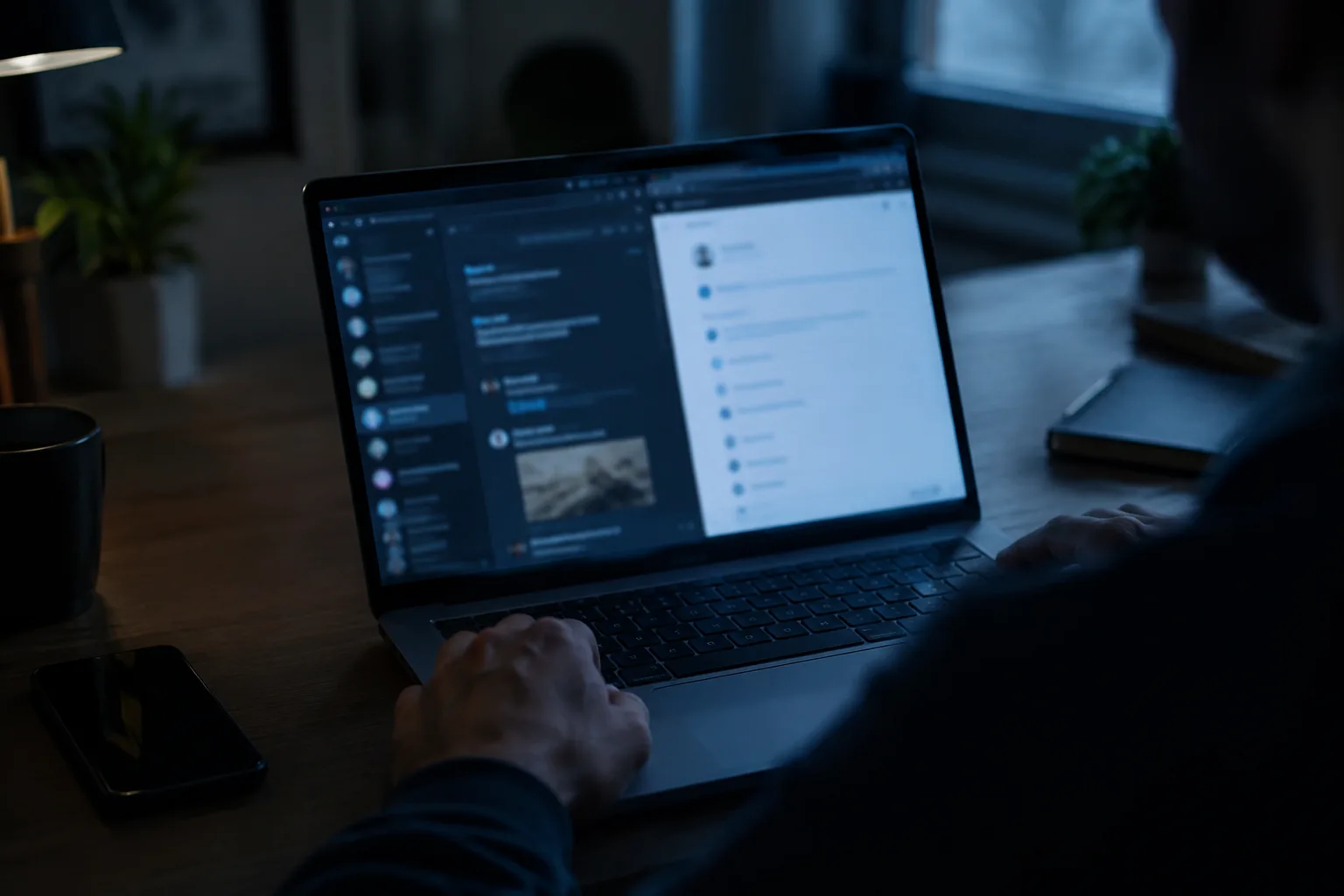 AI-generated image of hands beside a laptop displaying blurred chat and account windows in a dim office.