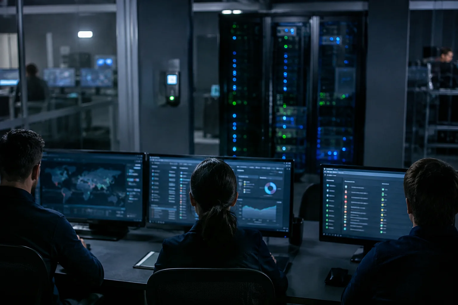 AI-generated image of security analysts investigating a cyber incident in a monitored operations centre.